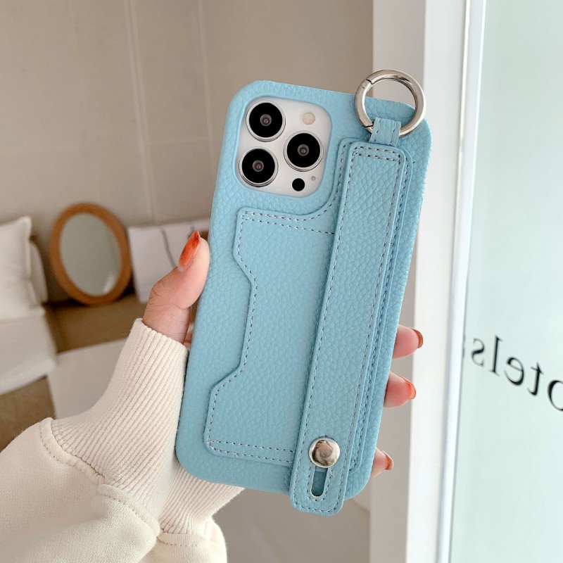 Leather Phone Case with Card Slot, Wrist Strap, and Kickstand